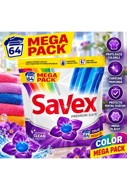 Premium Caps Color Mega Pack – Detergent capsule pentru rufe colorate, 64 bucăți, Supreme Clean & Protect