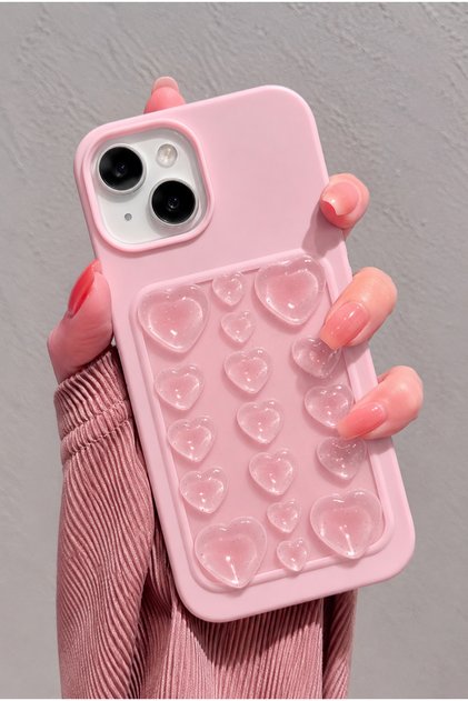 iPhone 13 / 14 / 15 Uyumlu Premium Kendinden Vakumlu İçi Kadife 3D Simli Kalp Desenli Soft Silikon Telefon Kılıfı – Pembe