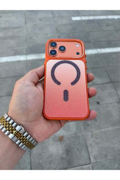 Apple iPhone 17 Pro Max Compatible Orange Glitter Diamond Stone Premium Case with Magsafe Feature