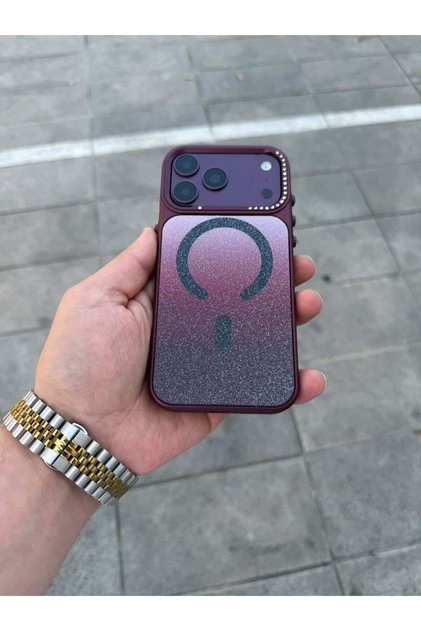 Apple iPhone 17 Pro Max Compatible Burgundy Glitter Diamond Stone Premium Case with Magsafe Feature