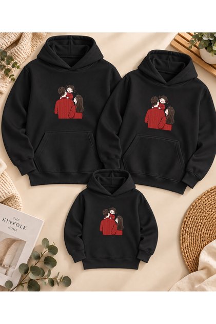 Family Matching Printed Hooded Sweatshirt Mother Father Child 3 Threaded Threaded Winter Hoodie (3 Pieces Must Be Purchased for Combination)
