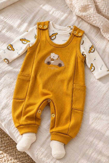 Baby Boy Set with Car Patterned Ribbed Overalls and Socks, 3-Piece Set for 3, 6, 9 Months