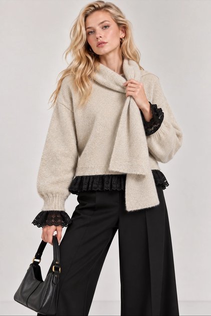 Women's Beige Lace Detailed Scarf Knit Sweater (S/M)