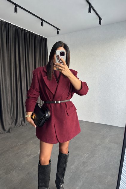 Burgundy Oversize Belted Lined Cashmere Jacket
