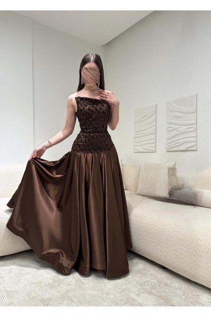 Laeena Brown Dress with Tear Sequins Without Sleeves
