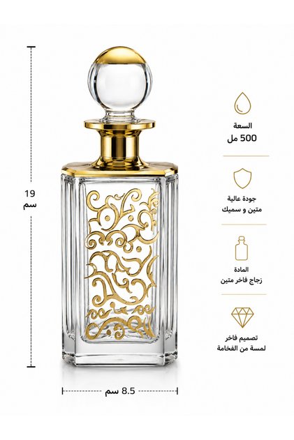 زجاجة عطر فاخرة فارغة من الكريستال الشفاف بتصميم ذهبي – 500 مل