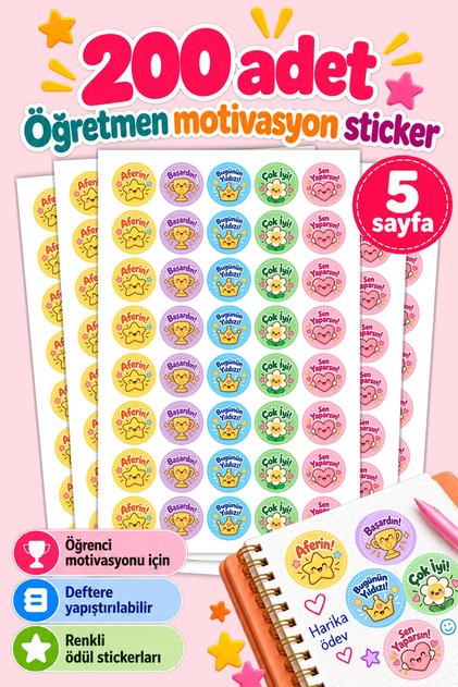 Öğretmen Motivasyon Sticker Seti, 200 Adet, Öğrenci Motivasyon Etiketi, Öğretmenler İçin Okul Etiketi, Başarı Yıldız Aferin Sticker Konsept Seti, İlkokul Ödev Ödül Çıkartmaları Karne Okul Öncesi