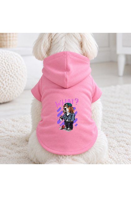 Pink What Dog Printed Dog Sweatshirt | Hooded, Fleece Fabric, Winter Dog Clothing