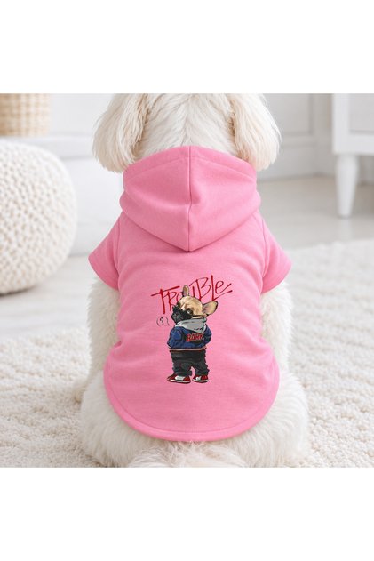 Pink Trouble Printed Dog Sweatshirt | Hooded, Fleece Fabric, Winter Dog Clothing