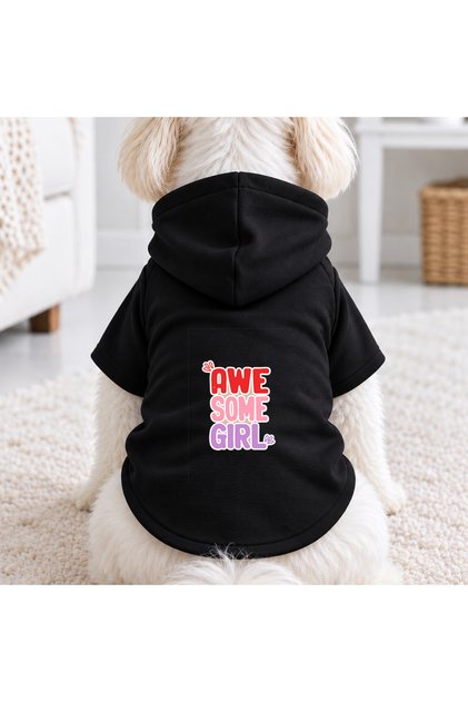 Black Awesome Girl Printed Dog Sweatshirt | Hooded, Fleece Fabric, Winter Dog Clothing