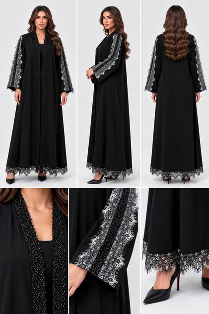 Abaya Made of Net Fabric with Lace and Beaded Embellishment.