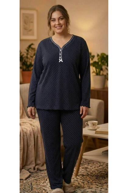 Big Size 100% Cotton Long Sleeve Women's Pajama Set Navy Blue