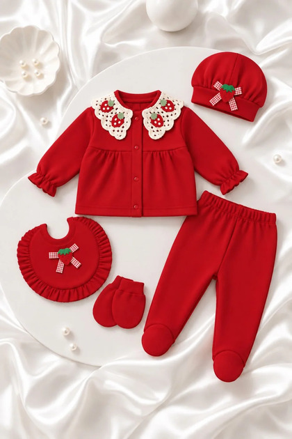 100% Cotton Baby Girl Hospital Discharge Set with Strawberry Motif and Lace Collar, 5 Pieces
