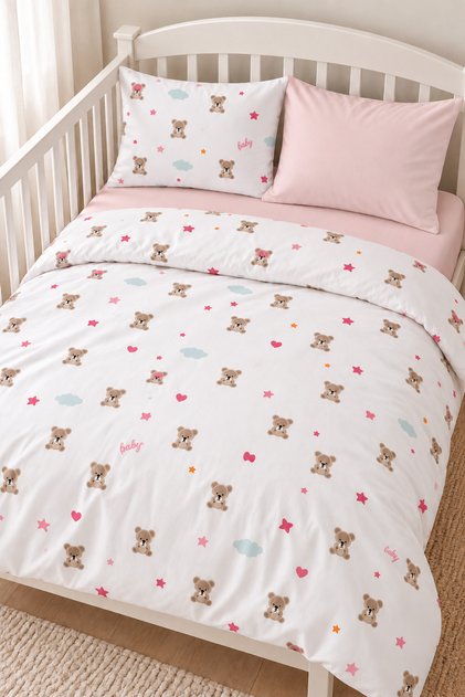 Cute Teddy Bear Patterned 100% Cotton Baby Duvet Cover Set