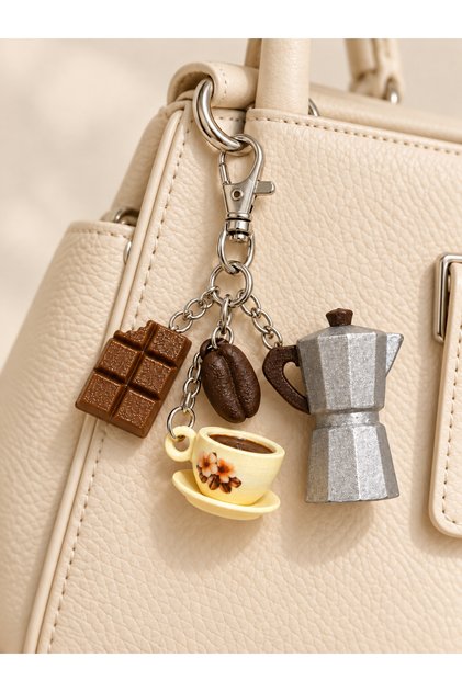 Kahve Temalı 4 Figürlü Çanta Charmı ve Anahtarlık – El Boyaması Fincan, Moka Pot, Çikolata ve Kahve Çekirdeği