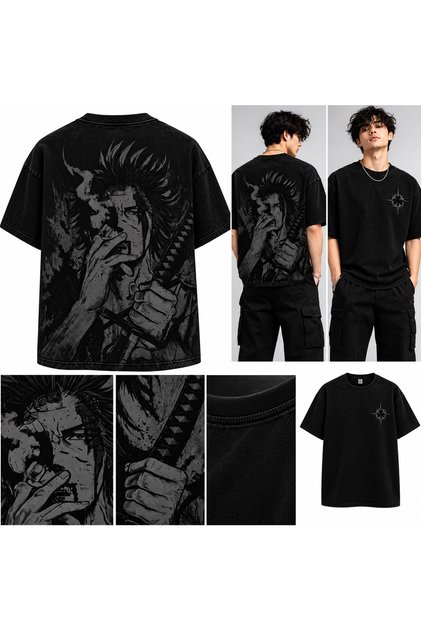 Black Anime Warrior Manga Back Print Oversize Black Crew Neck T-Shirt