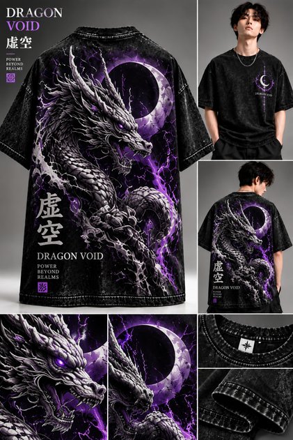 Dragon Void Purple Dragon Back Print Oversize Black Crew Neck T-Shirt
