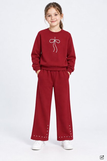 Burgundy Girls' Wide Leg Sweatpants Set with Pearl Detailing and Crew Neck Sweatshirt 25013