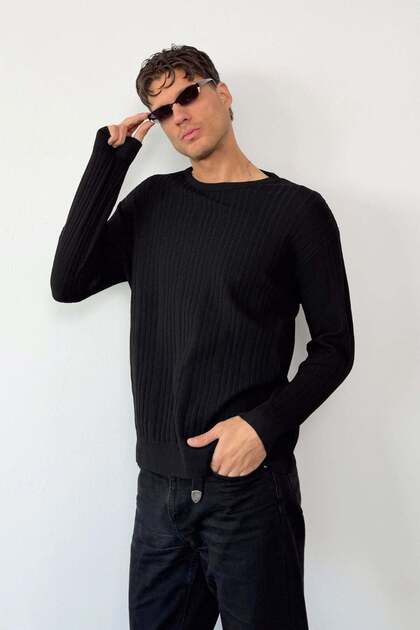 Men's Crew Neck Slim Ribbed Knit Sweater Black - 27014