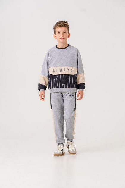 Always Brave Printed Kangaroo Pocket Detail Crew Neck Bottom Top Boys' Tracksuit Set