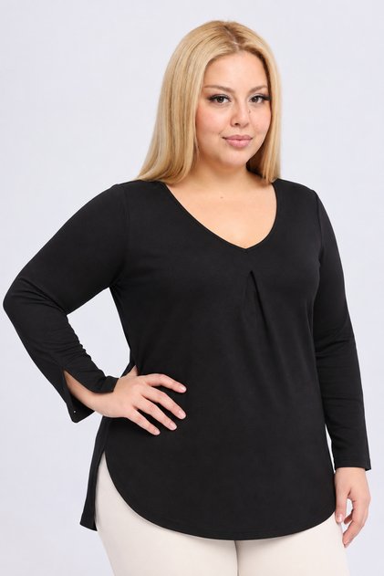 Plus Size Pleated V-Neck Tunic with Slit Detail at the Sleeve End