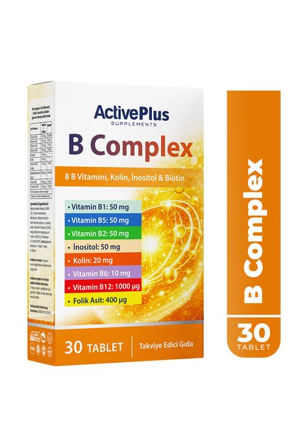 B Complex 30 Tablet Folik Asit içeren B Vitaminleri Takviyesi