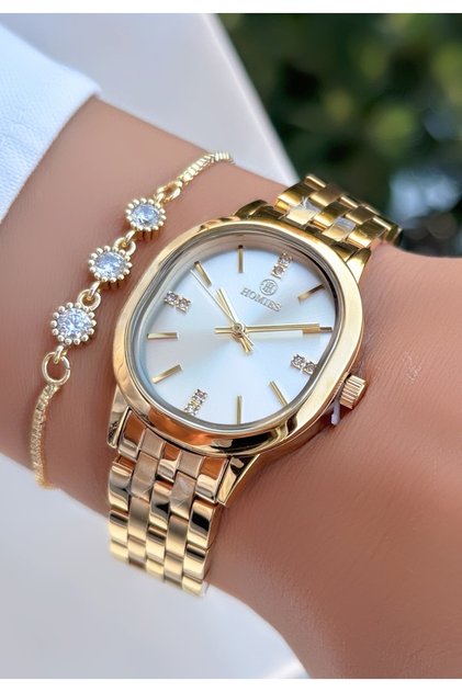 Gold Color Oval Case Steel Strap Women's Wristwatch -Waterproof- with Bracelet Gift
