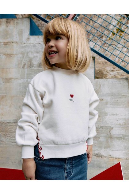 Brushed Sweatshirt With Embroidered Flower For Girls, White