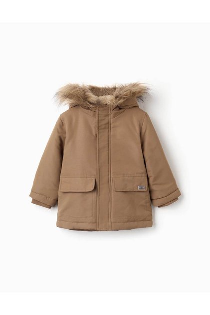 Hooded Parka With Sherpa Lining For Baby Boys, Greyish-Brown