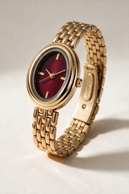 Women's Bracelet + Gold Color Metal Cord Round Case Burgundy Dial Wristwatch Set
