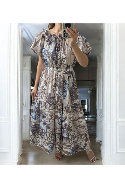 Rochie lungă din bumbac Maxine, tip cămașă, cu imprimeu