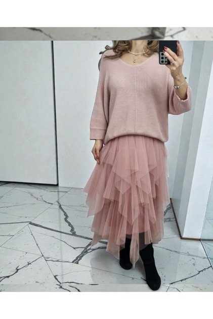 Rochie Anastasia cu top tricotat și fustă din tul, midi