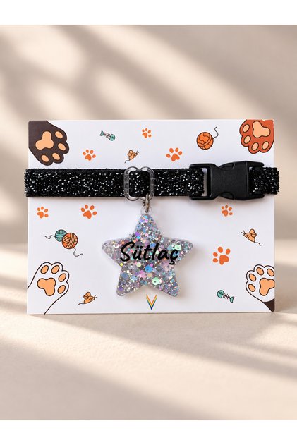 "yıldız" Şeklinde Simli Siyah Tasma - Zilli - Gri Glitter - Isimli Kedi/ Küçük Irk Köpek Tasması
