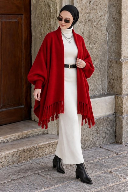 Liva Women's Tasseled Oversize Knitwear Poncho Red