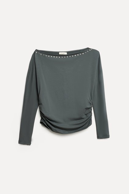 Women's Anthracite Gathered Stone Boat Neck Blouse