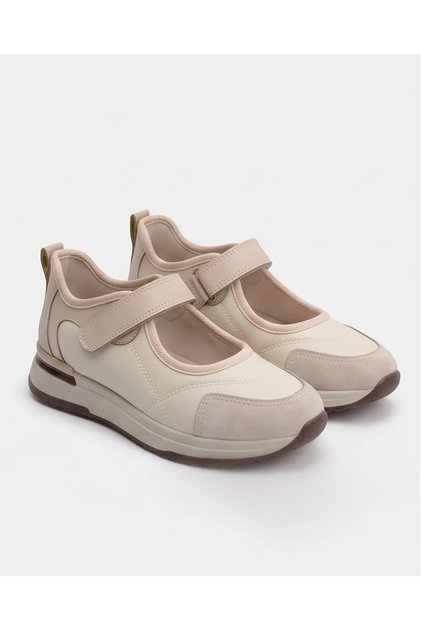 Women's Beige Velcro Mary Jane Sneaker Thick Sole Casual Sports Shoes