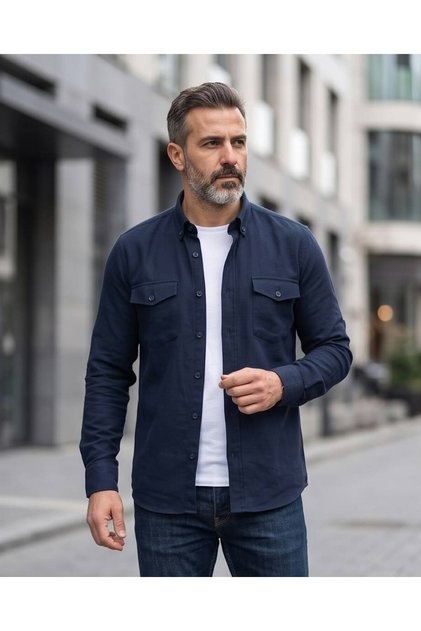 Erkek Çift Cepli Kapaklı Düz Renk Uzun Kollu Regular Fit Klasik Kesim Pamuklu Kışlık Melanj Gömlek
