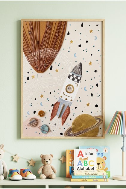 1 Piece Real Wood Framed Cute Rocket and Planets Themed Wooden Painting - Children's and Baby's Room and Home Decoration Painting