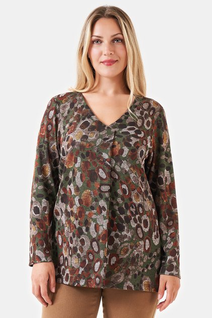 11125Ts Green V-Neck Relaxed Fit Patterned Knitted Blouse