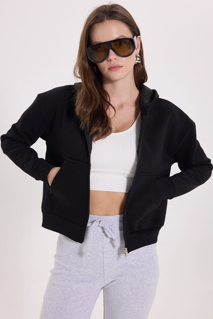 Kadın Slim Fit Dar Kesim %100 Pamuk Kapüşonlu Fermuarlı Siyah Sweatshirt