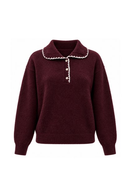 Women's Burgundy Embroidery and Button Detailed Polo Collar Soft Textured Sweater