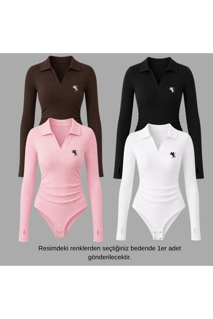 Steed Polo Collar Embroidered Drawstring Detailed Bodysuit with Finger Loop Detail