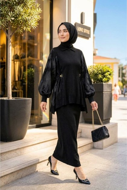 Shirt Collar Silk Kupra Garnished Tunic and Pencil Skirt Mercerized Fabric Two-Piece Set