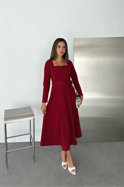 Women's Red Stone Embroidered Square Neck Belted A-Line Midi Dress Nbk5005