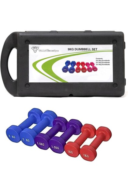 Neoprene Dumbbell Set, 6 Pieces with Carry Case, 9 kg Total, 2 x 1 kg, 2 x 1.5 kg, 2 x 2 kg