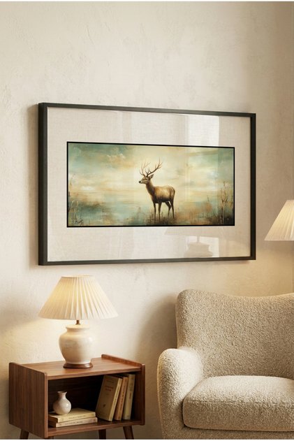 1 Piece Pvc Framed Black Wooden Frame Oil Painting Effect Vintage Deer Themed Horizontal Wooden Painting - Home, Business and Office Decoration Painting