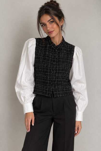Bluza Model in Carouri cu Tunica si Maneci Bufante, cu Nasturi, Stil Elegant