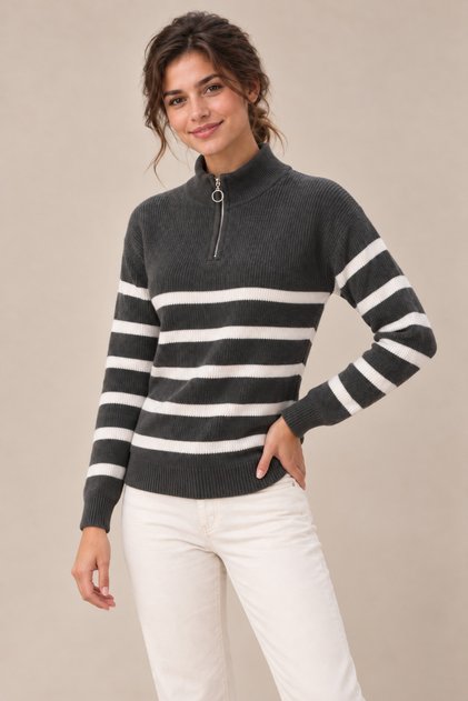 Women's (Striped) Half-Zipper High-Neck Slim Knit Sweater Kpln