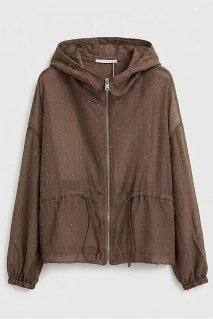 Brown, Stone-Faced, Hooded Chiffon Jacket Per9755
