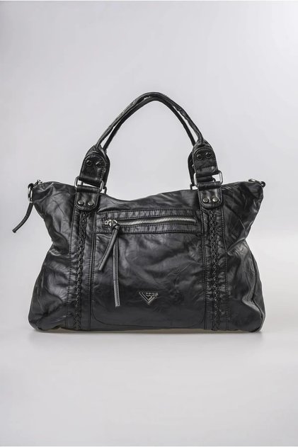 Women's Vintage Washed Leather Look Knitted Detailed Zippered Large Size Shoulder and Shoulder Bag Black 18380